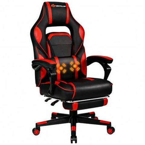 Massage Gaming Chair with Footrest and Lumbar Support - Color: Red - Size: 26.5" x 26.5" x (49"-52.5")