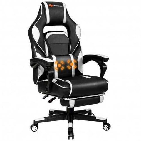 Massage Gaming Chair with Footrest and Lumbar Support-White - Color: White - Size: 26.5" x 26.5" x (49"-52.5")